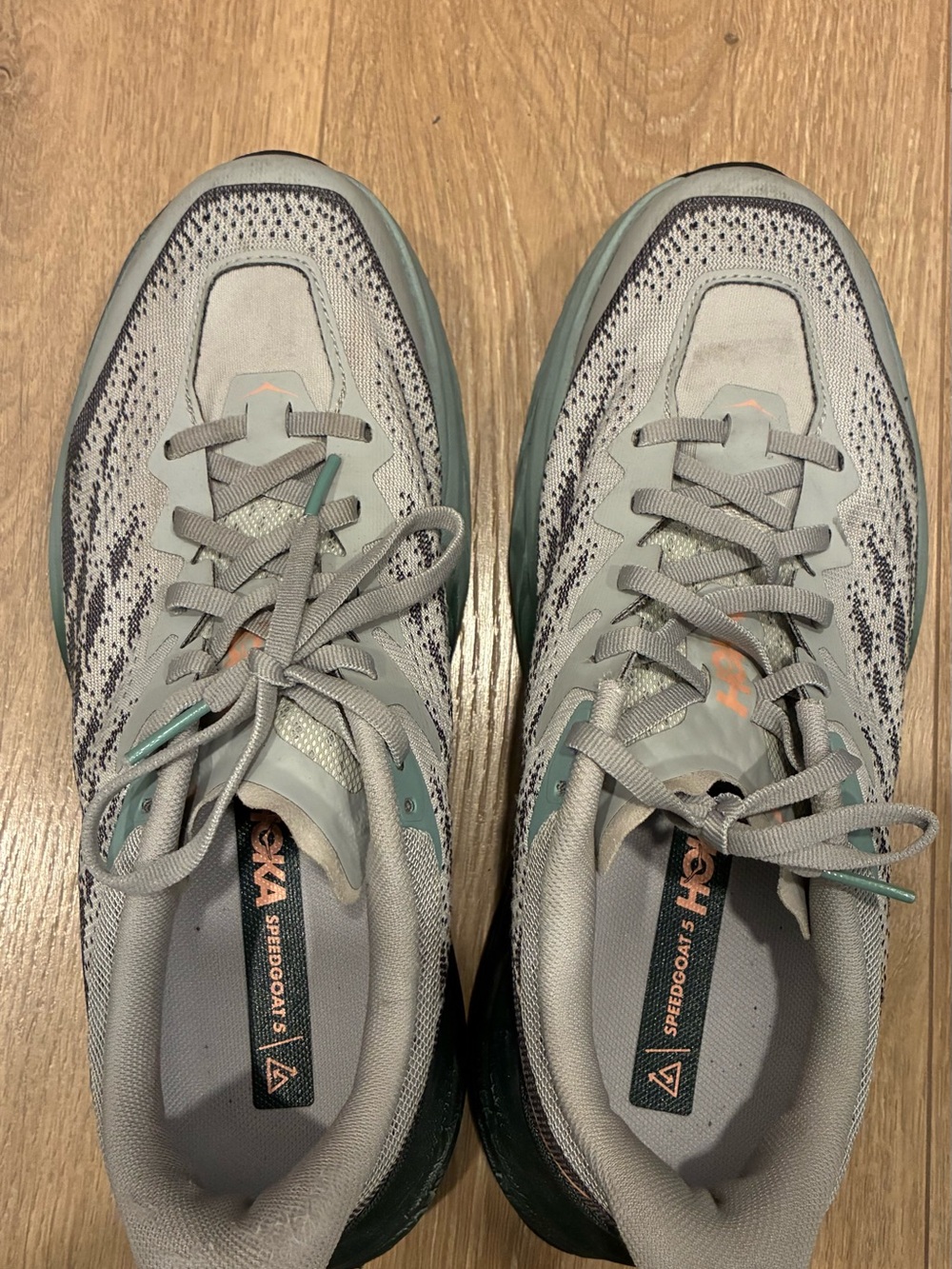 Hoka Speedgoat 5 Gray with Teal and Coral Accents - Picture 1 of 2